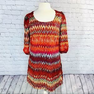 Lily Rose Southwestern Shift Dress 3/4 Sleeve Red Orange Mint Size M Bow Back